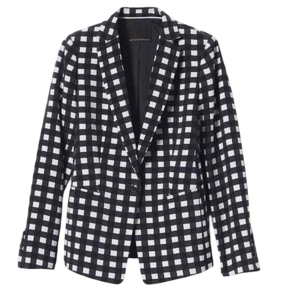 Banana Republic Dark Navy Black/White Gingham Collared Blazer - Picture 2 of 8